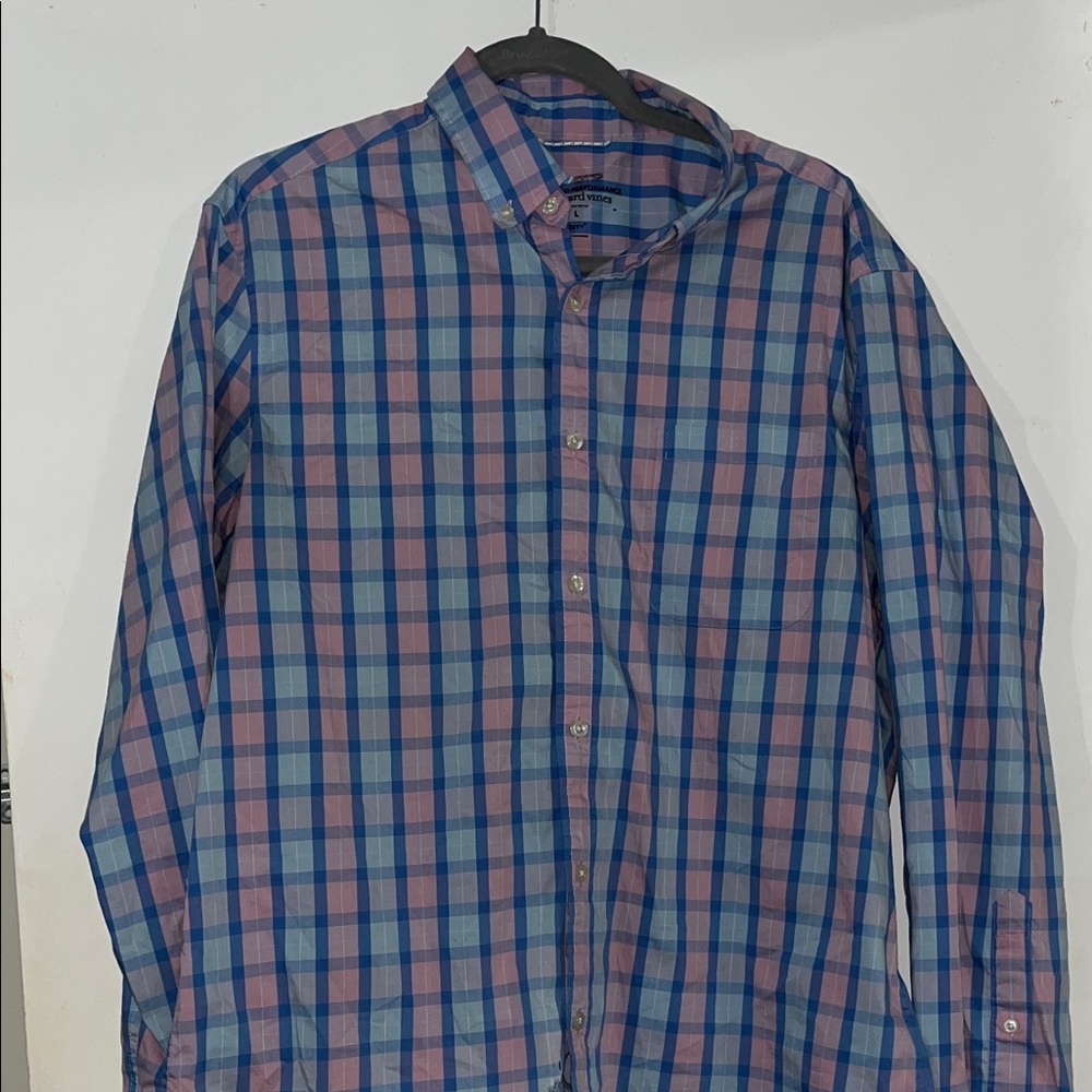 Vineyard Vines Blue and Pink Plaid Button-Down Shirt - Picture 1 of 4